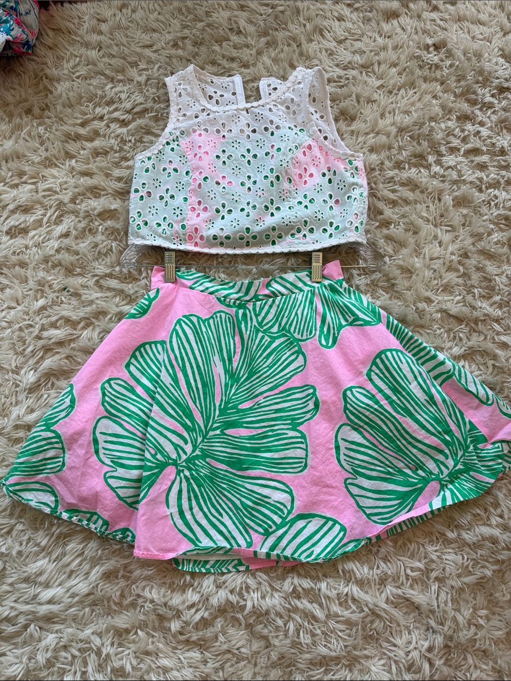EUC Lilly Pulitzer Mandevilla Baby Who Let the Fronde Out Crop Top Skirt